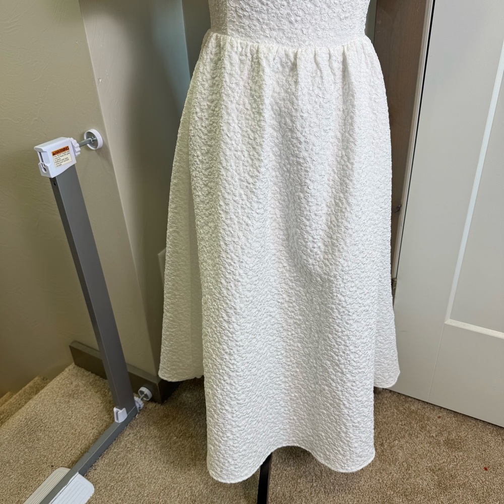 Lulus Puff Sleeve Midi Dress Floral Textured Corset Tie Back Stretch Bridal M - Picture 6 of 11